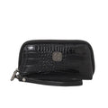 Hand-held rectangular PU mobile phone bag with crystal bamboo pattern in black, shown open to reveal inner pockets.