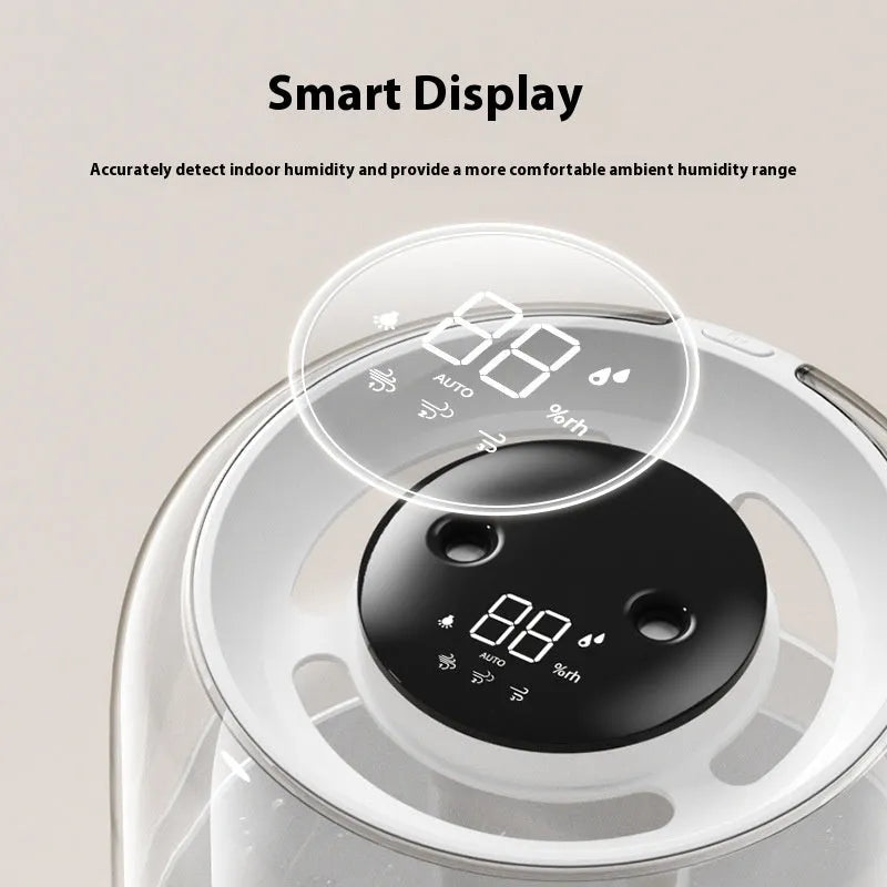 Beige USB humidifier with dual spray, humidity display, and night light function