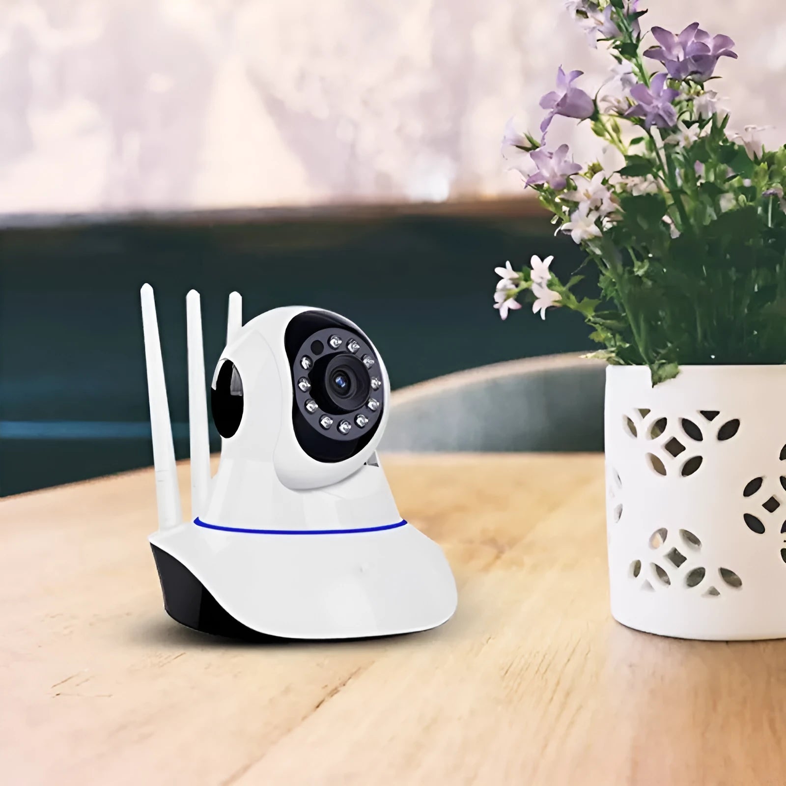 White wireless dome security camera showing front lens, mounted on a wall for surveillance.