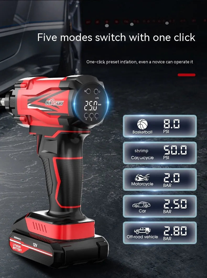 Red and black portable car tyre inflator with digital display and multiple nozzle attachments on a black background