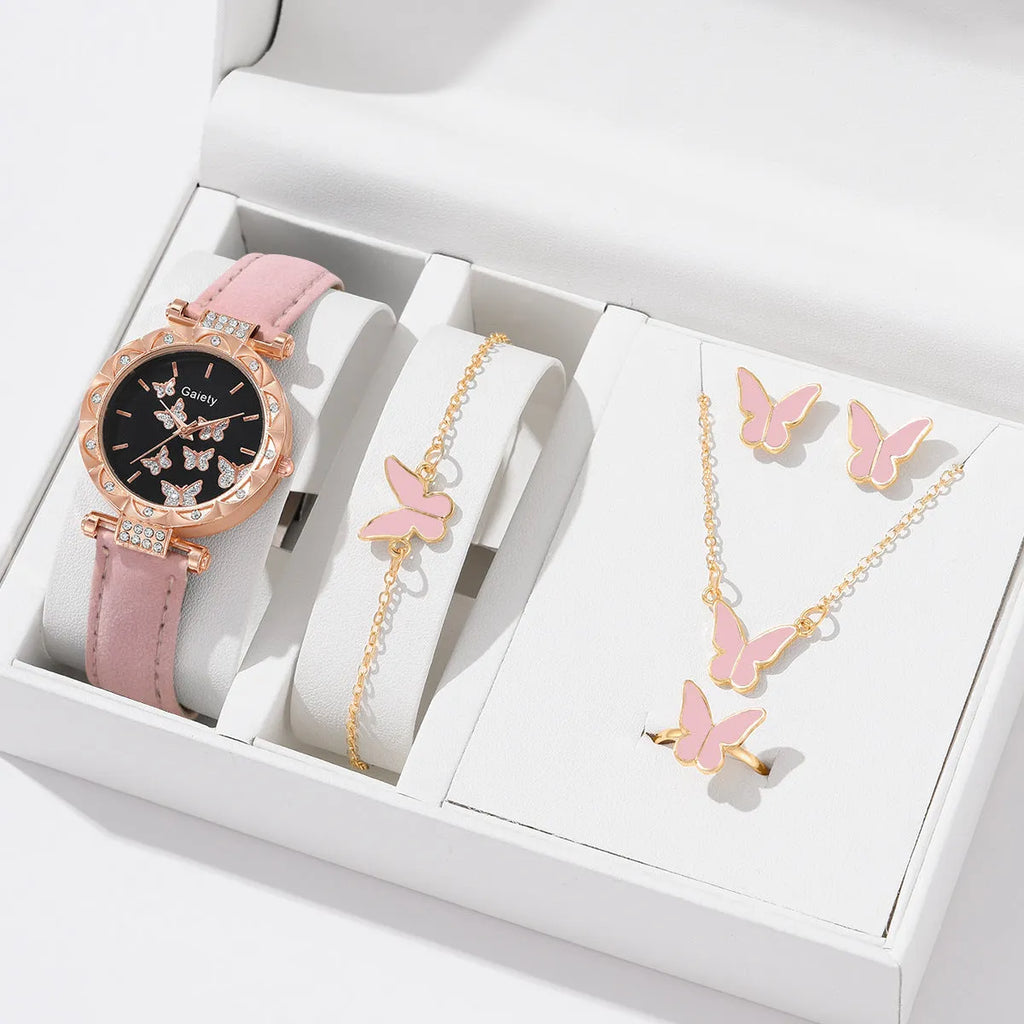 Women's butterfly quartz belt watch with imitation leather strap and pin buckle, available in black brown pink red beige