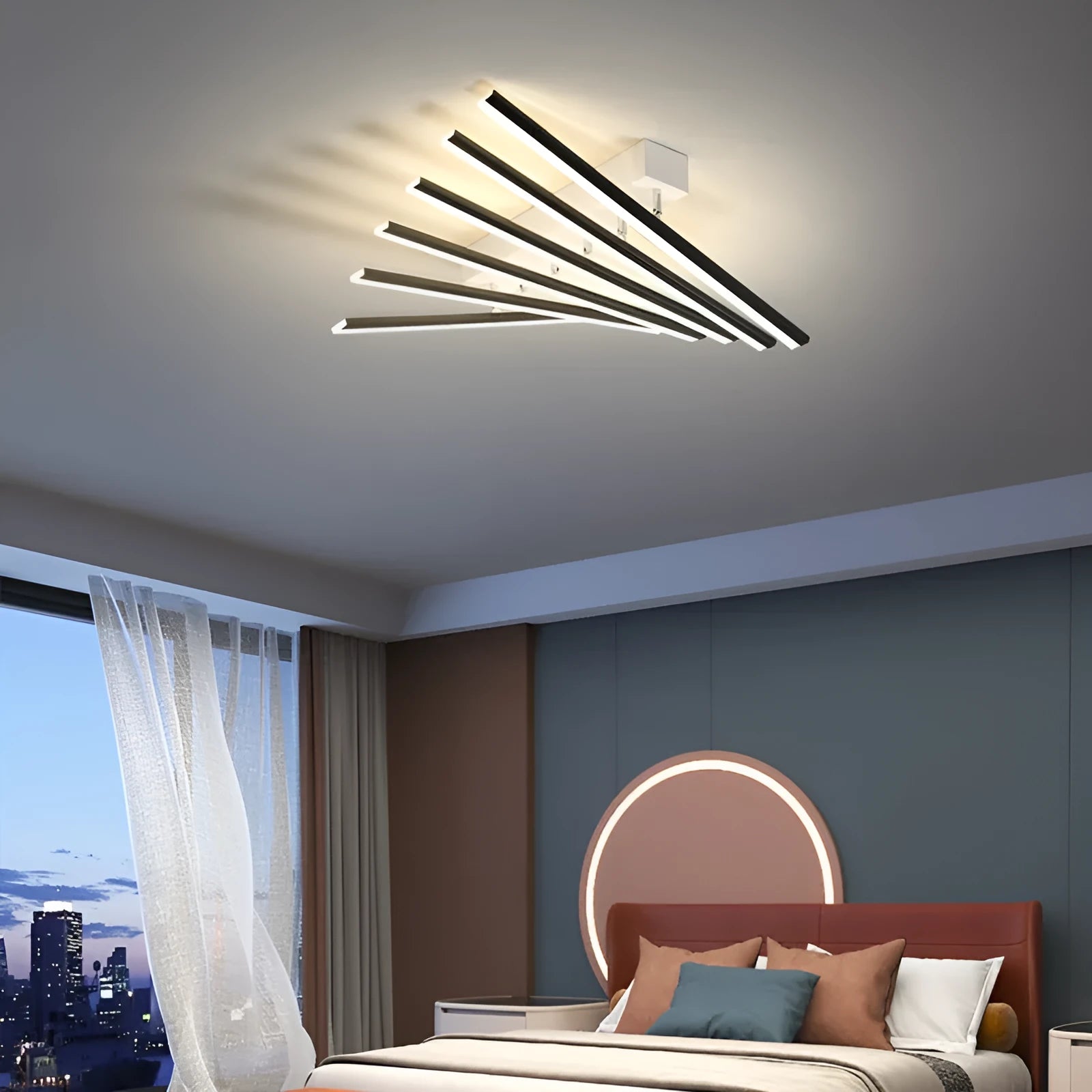 Modern six-head wave-style LED ceiling light in black or gold finish with white or warm light options.