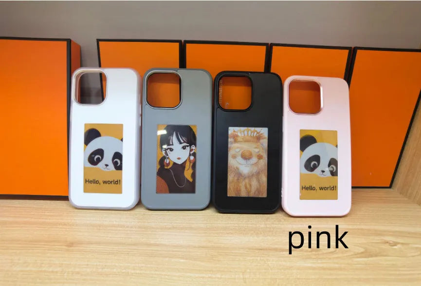 Four-colour e-ink projection phone case for iPhone in white, pink, black, or gray, TPU material, DIY customisable back cover.