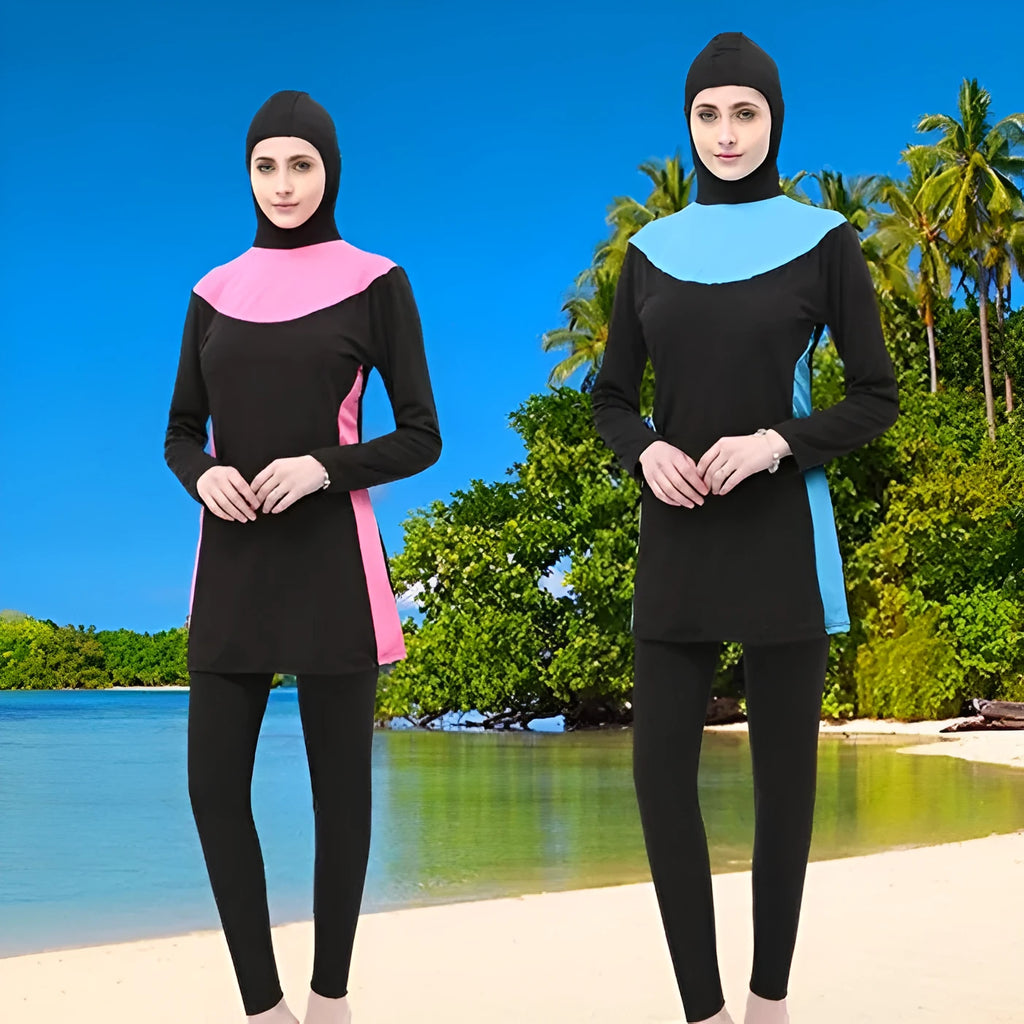 Women's black hooded swimsuit with long sleeves and matching pants for swimming