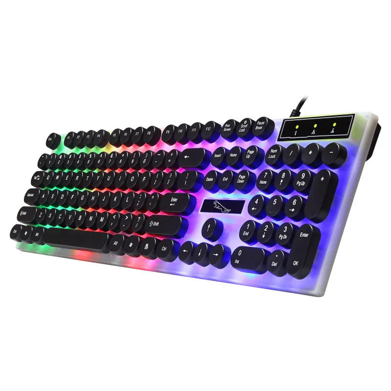 White waterproof gaming keyboard with RGB backlit round keycaps and 104-key layout