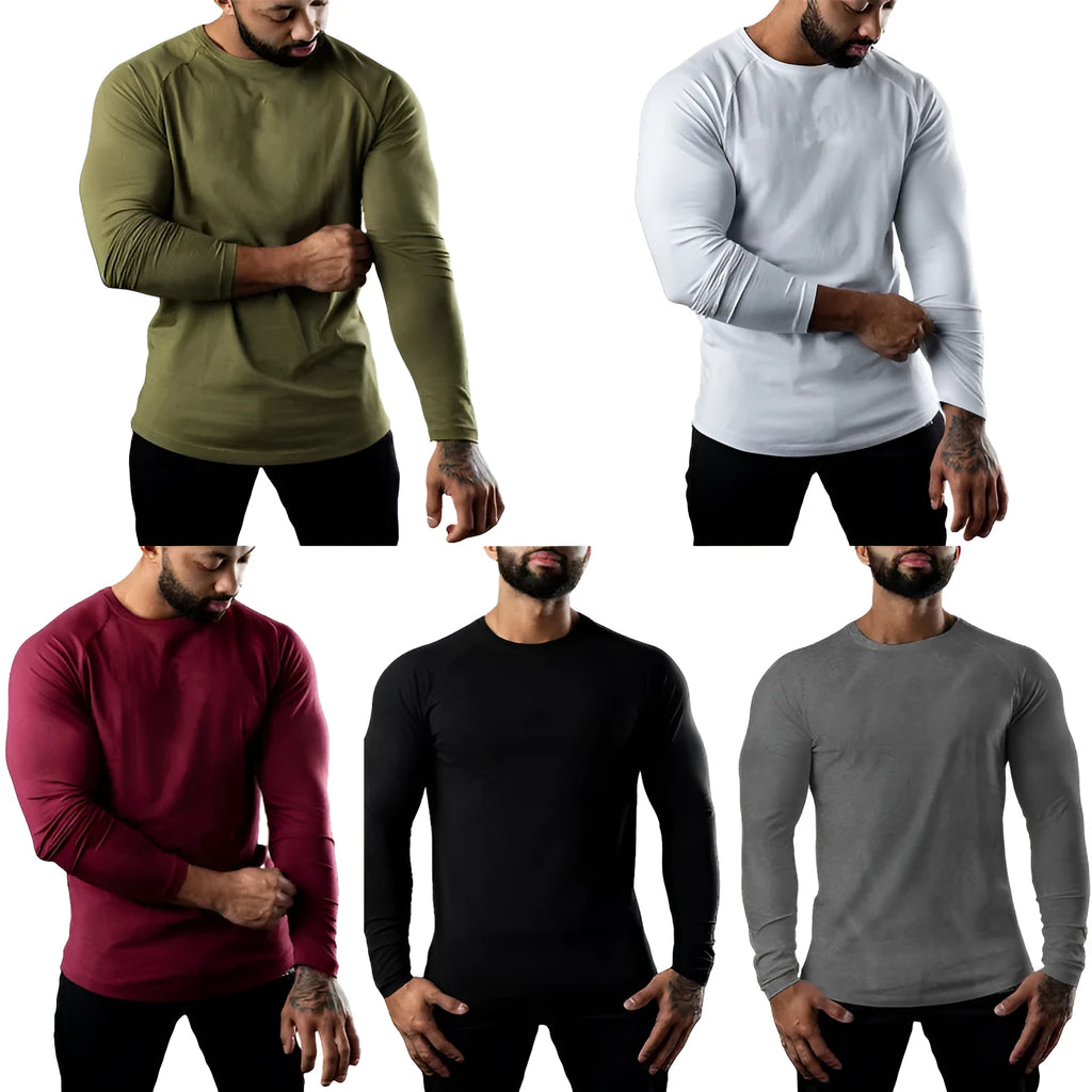 Men's fitted long sleeve cotton sports t-shirt in Army Green, shown on a model.