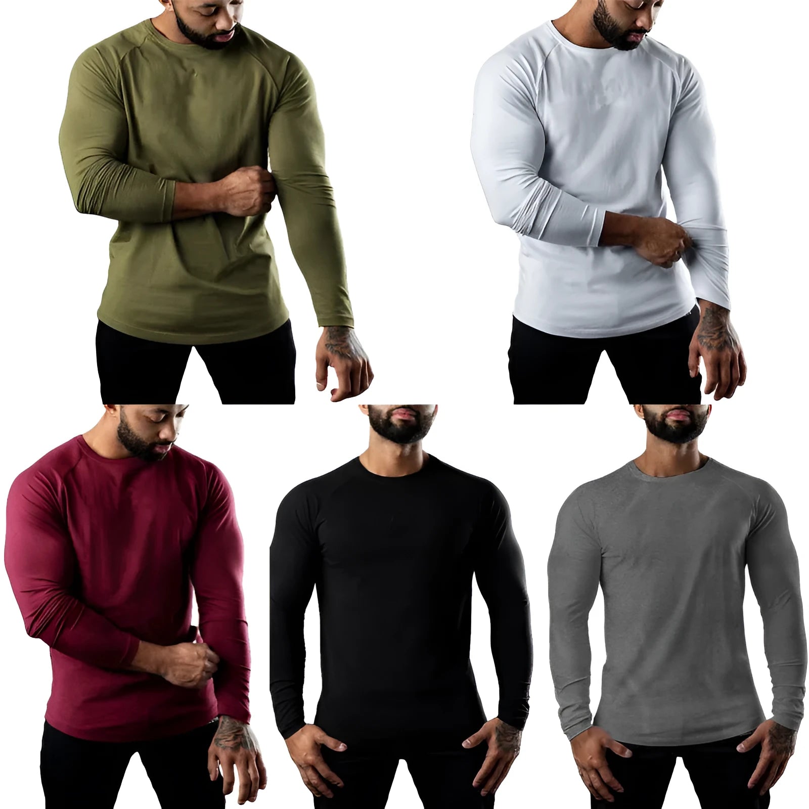 Men's fitted long sleeve cotton sports t-shirt in Army Green, shown on a model.
