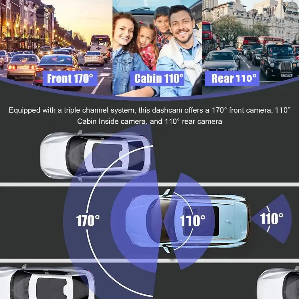 Black G50 dash cam with 3-inch touch screen shown mounted on a car windshield.