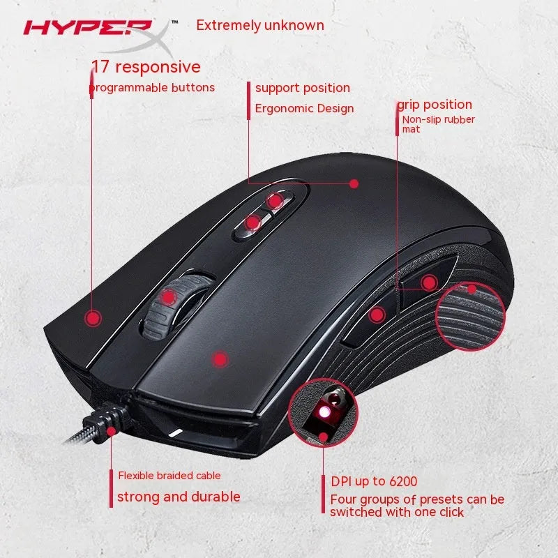 Pulsefire Core RGB wired gaming mouse in black and pink colours with glowing lighting and USB cable.