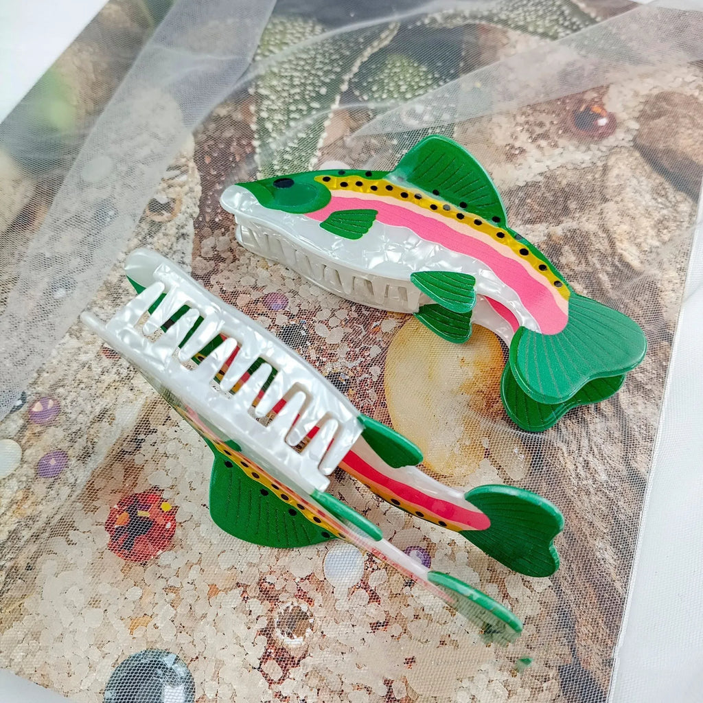 Dark green PVC hair clip with rainbow trout design and carp decorative elements