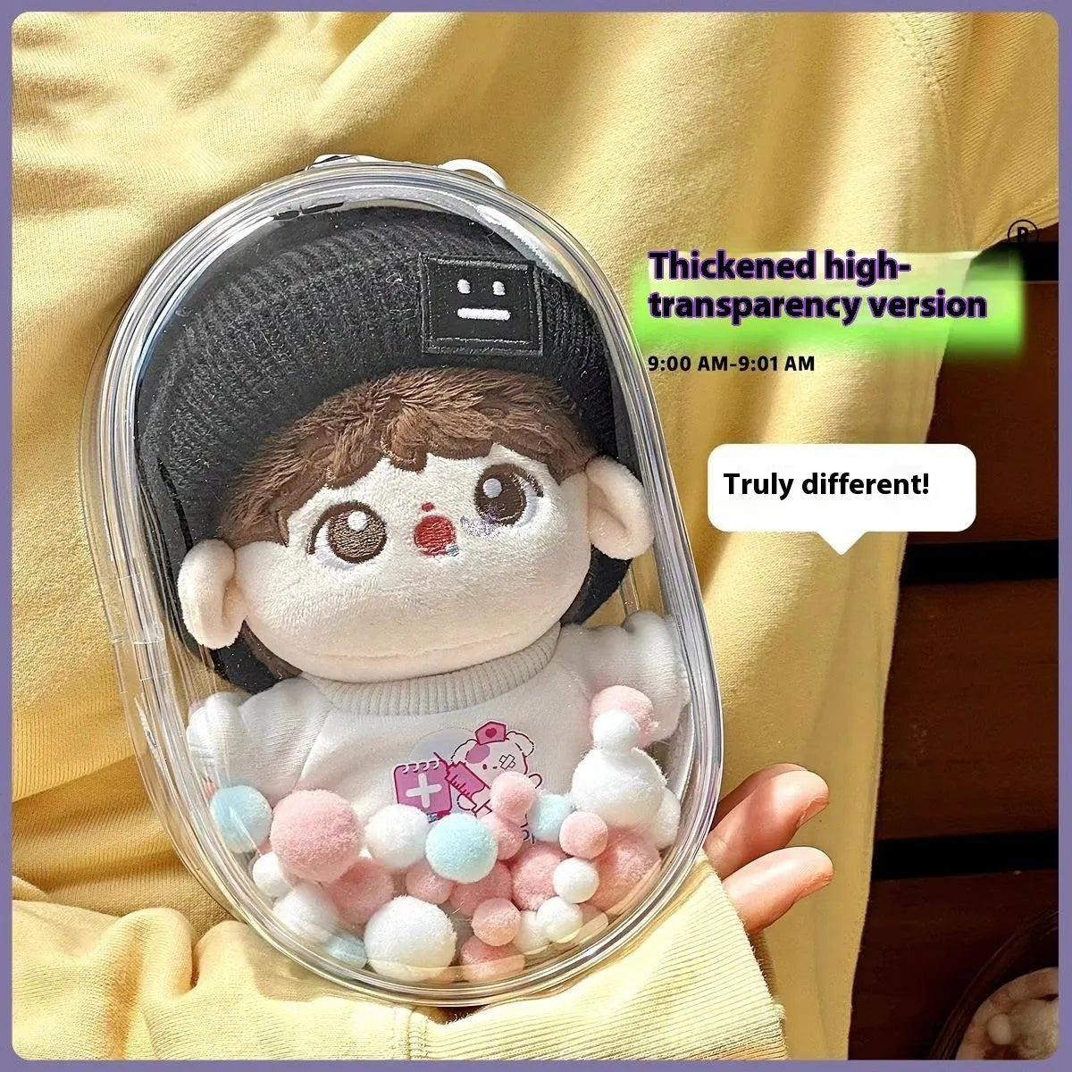 17cm transparent PVC cotton doll storage bag with keychain in avocado green colour