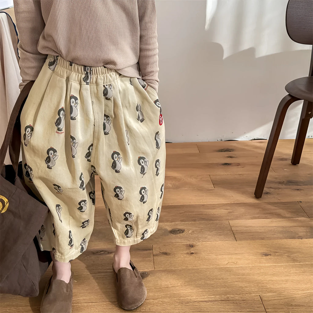 Cartoon printed cotton harem children's casual pants in 5051 Yellow, elastic waistband, available in sizes 80cm to 130cm