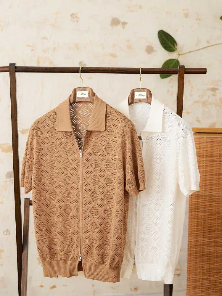 Casual cotton cardigan with front zipper, short sleeves, and lapel collar in light brown colour