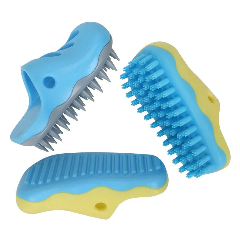 Blue and yellow TPR dog bath massage brush showing quincuncial head, pointed toe, and horizontal pattern designs