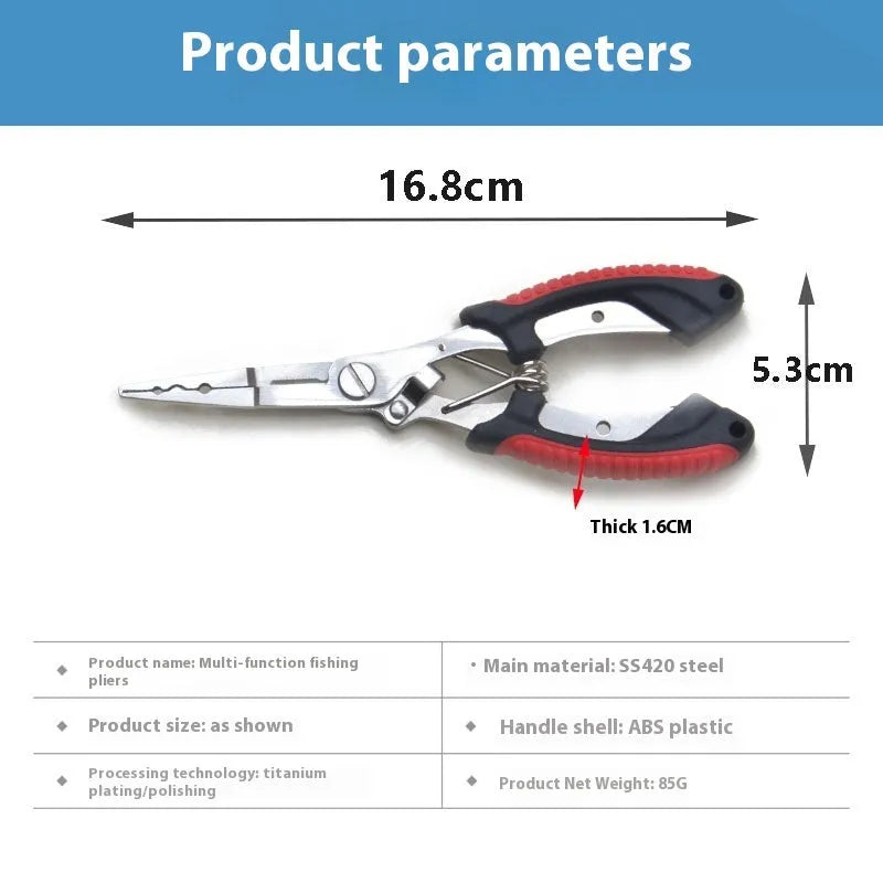 Multifunctional fishing pliers with blue handle, straight mouth, hook, and nylon storage bag.