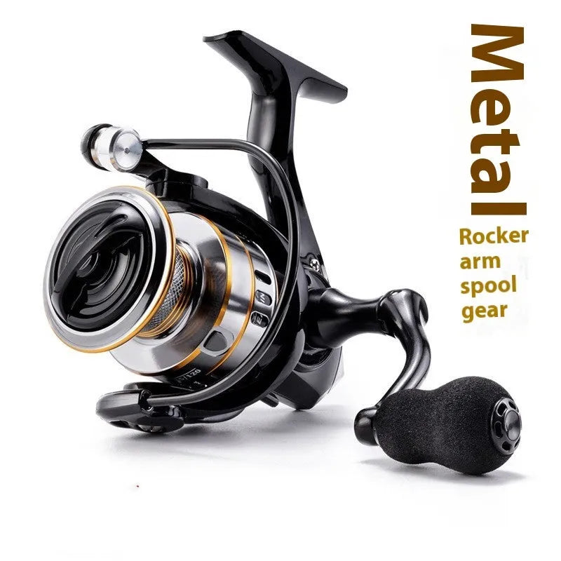 All-metal spinning fishing reel with EVA grip handle showing no-gap design for lure fishing