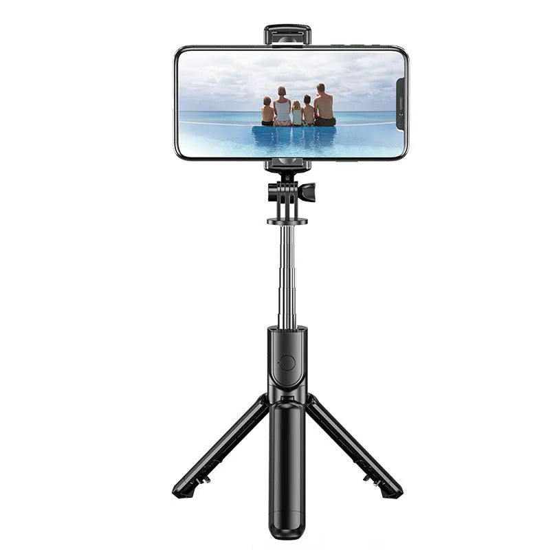 Black selfie stick tripod with wireless Bluetooth remote and universal phone holder, anti-shake floor stand.