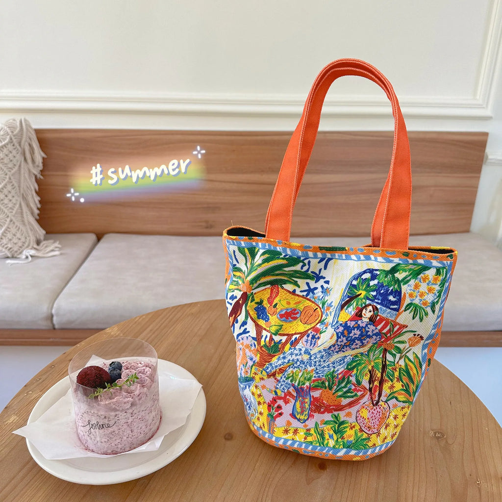 Dream garden orange plush bucket bag with printed letters and double shoulder straps