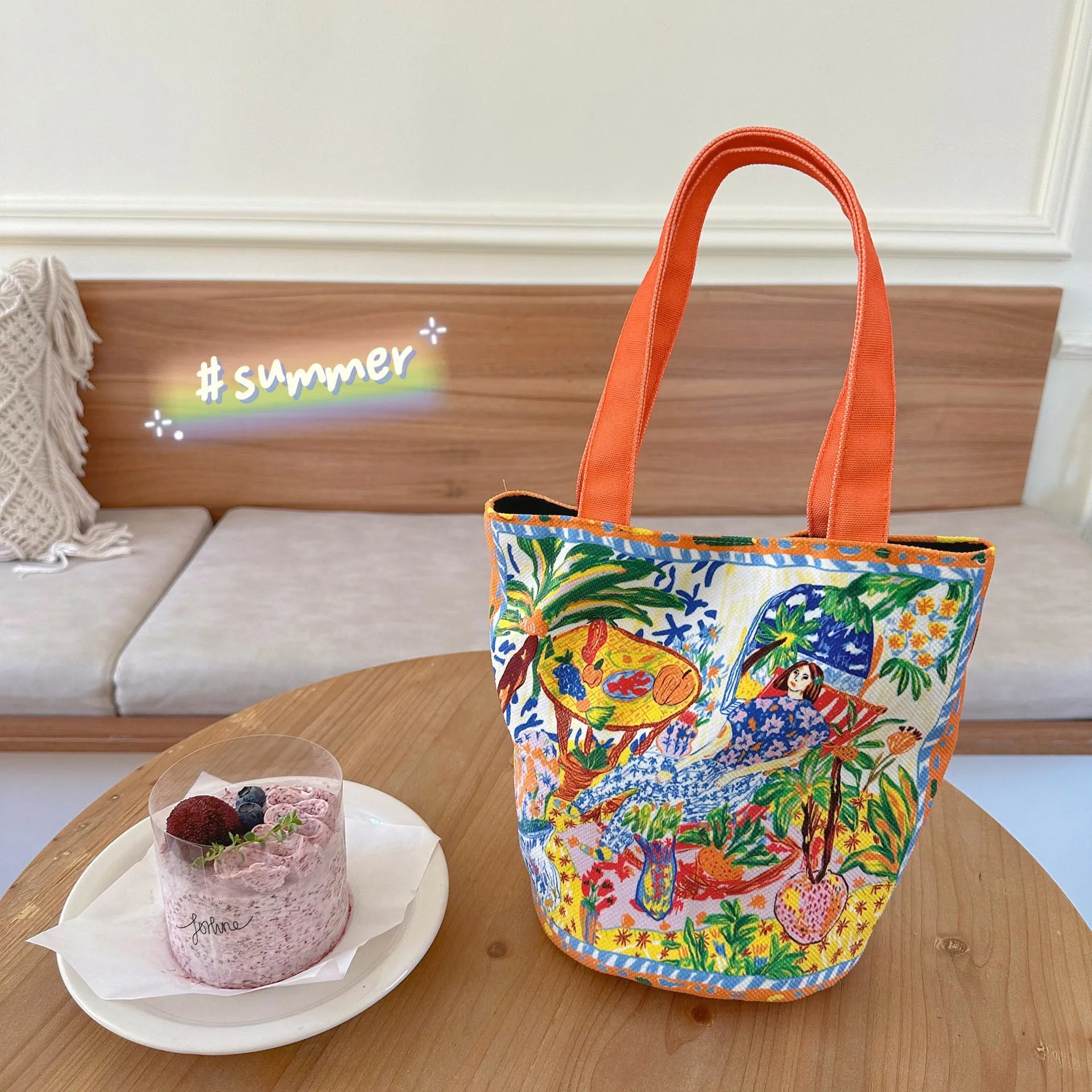 Dream garden orange plush bucket bag with printed letters and double shoulder straps