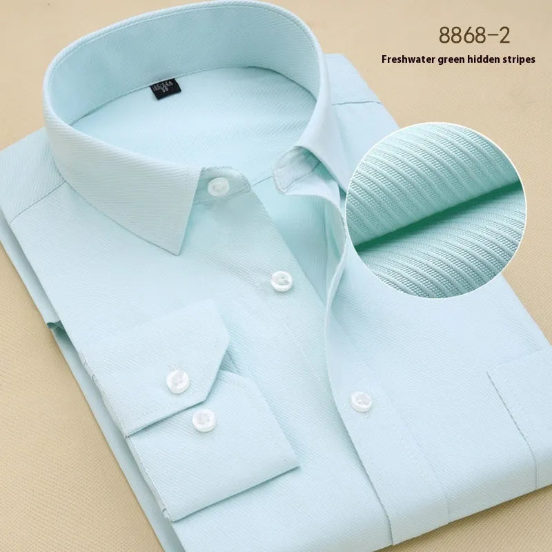 Men's black long sleeve business slim fit shirt in cotton fabric on a hanger.