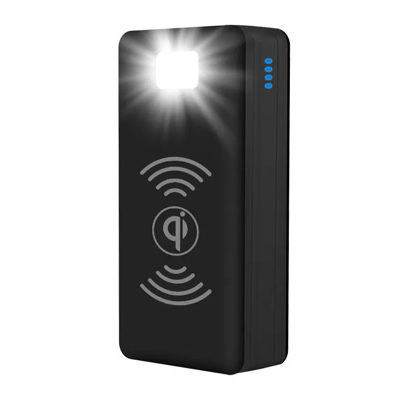 Black solar wireless power bank with coloured accents showing solar panel and wireless charging symbol