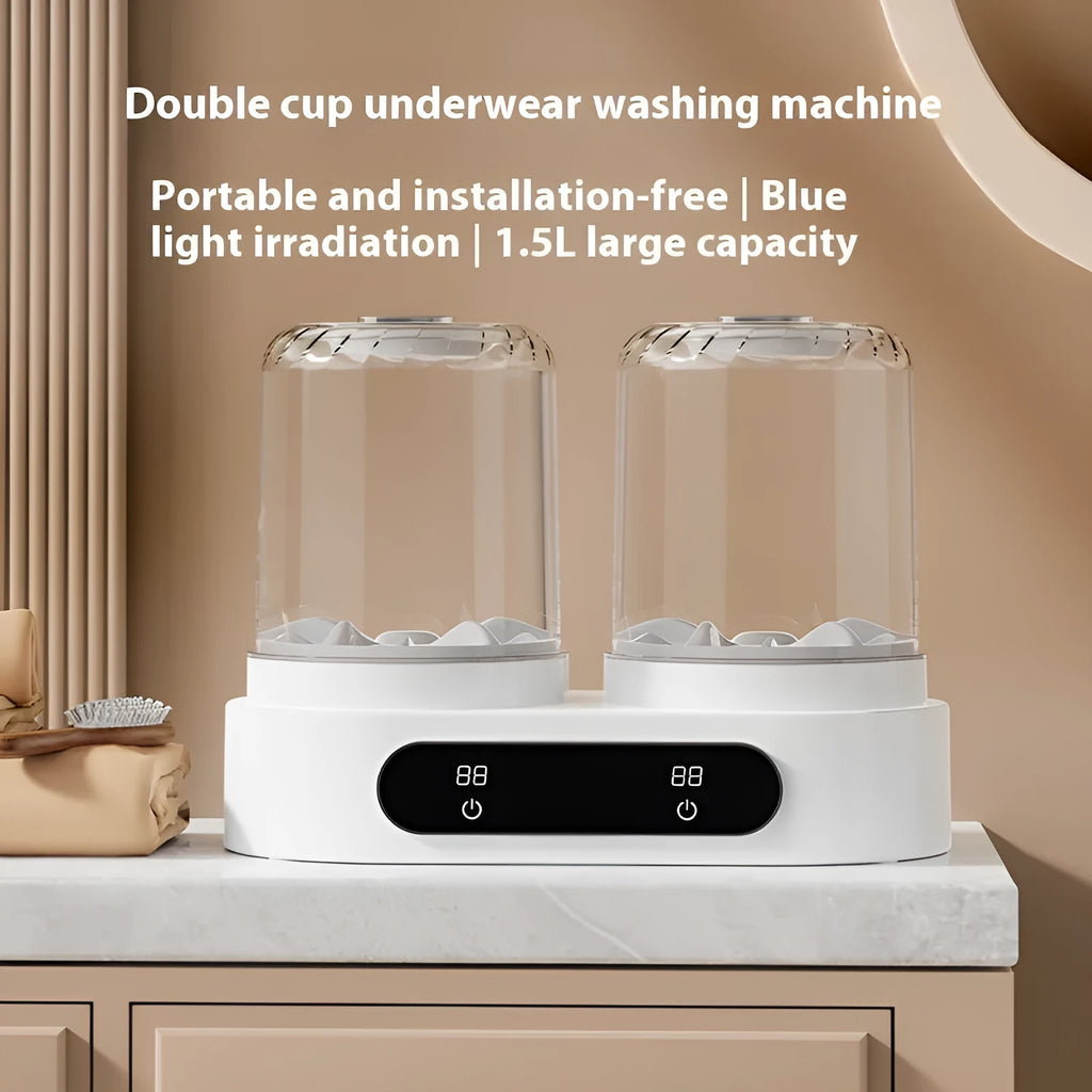 White double bucket mini USB laundry washing machine for underwear and small items.