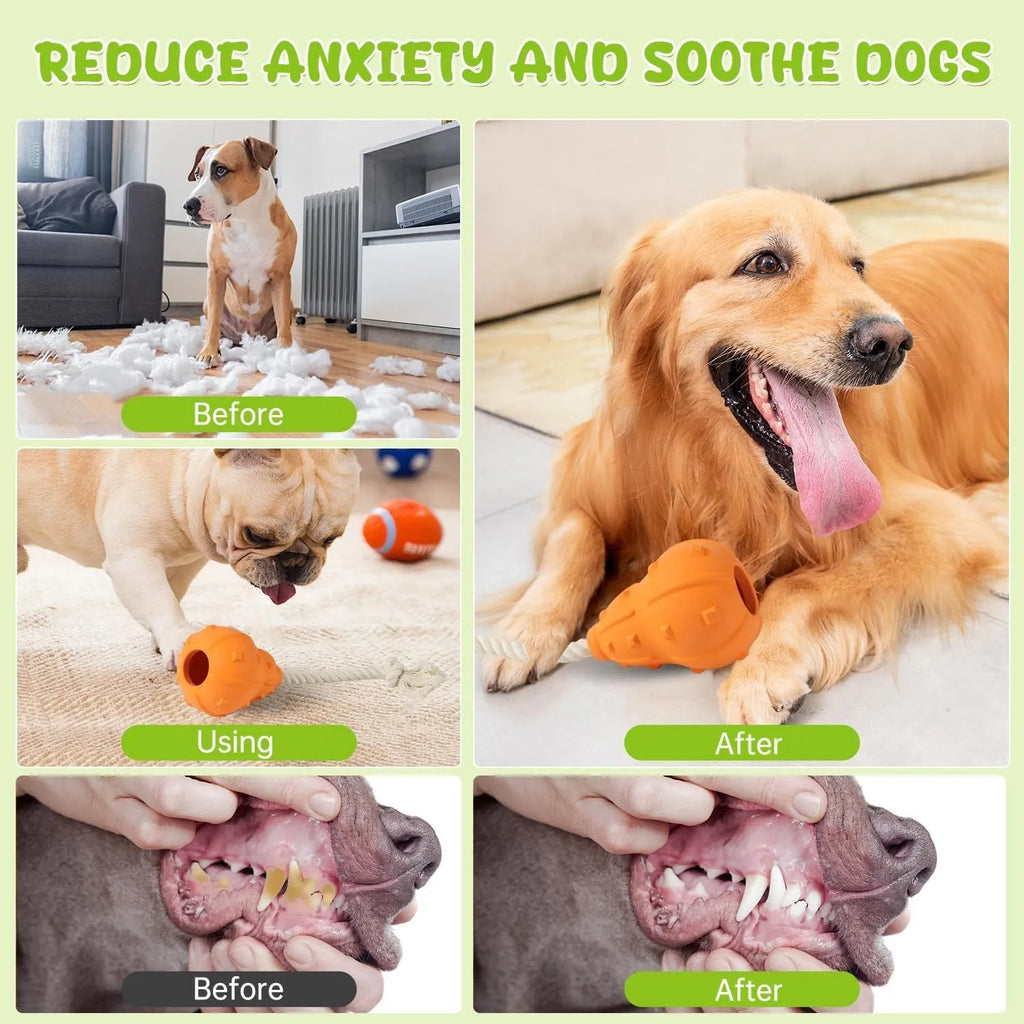 Natural rubber stuffable dog chew toy with a long strap for fetch, showing hollow treat-dispensing centre.