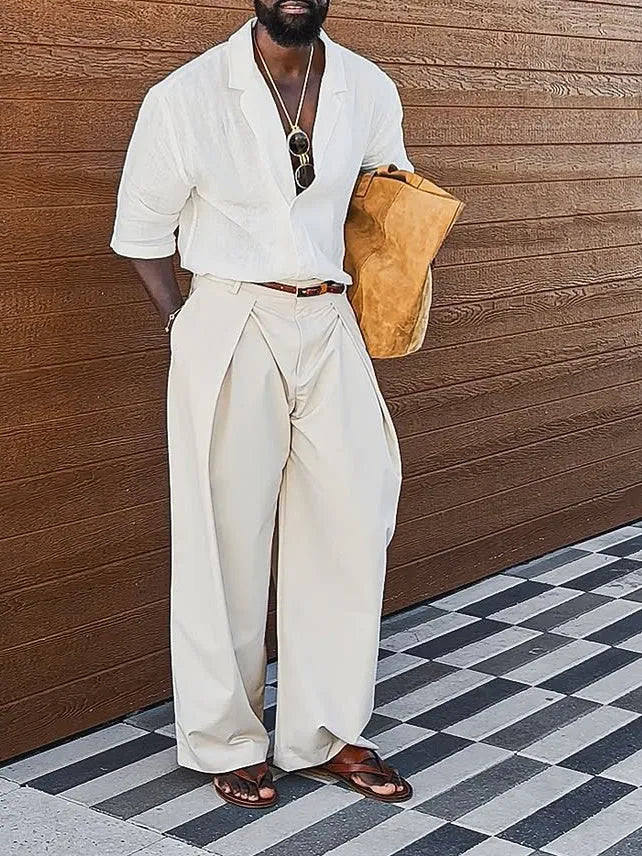 Men's casual pleated wide-leg pants in plain polyester, regular fit, full-length, sizes XS-2XL