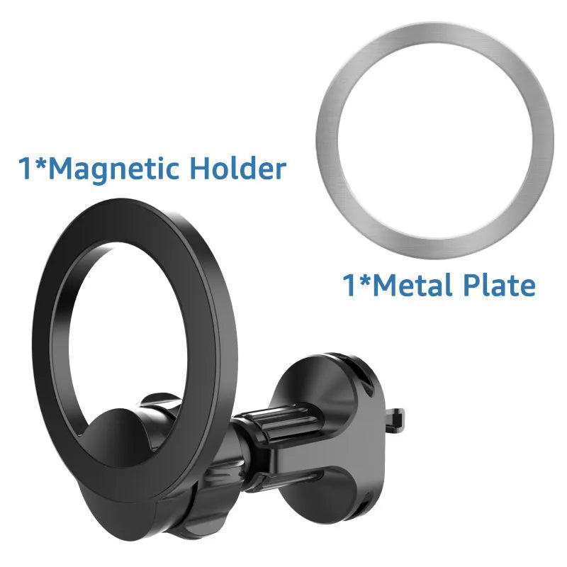 Black magnetic car air vent phone holder with O-ring for phones under 6.8 inches.