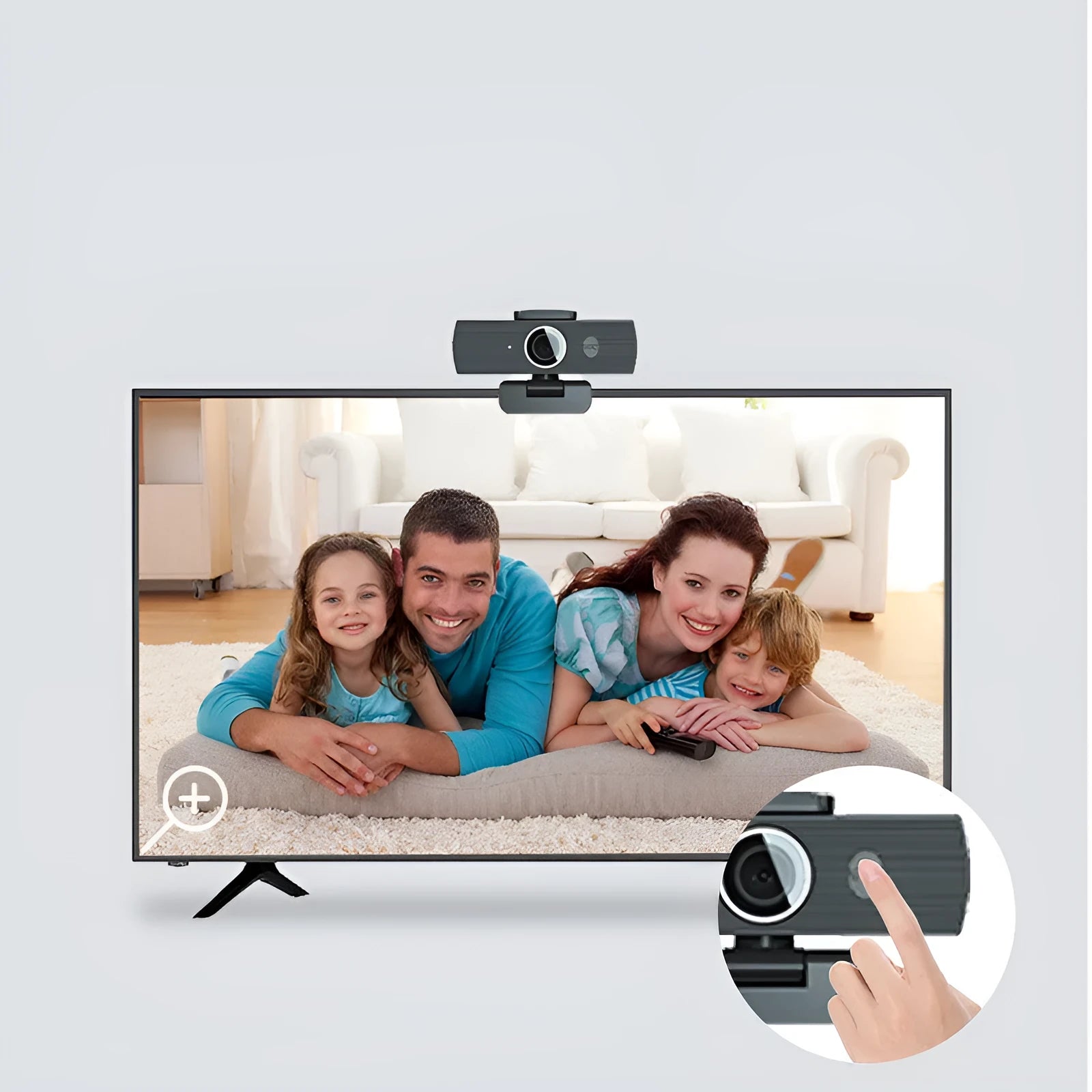 Black USB computer webcam with magnetic privacy cover shown detached