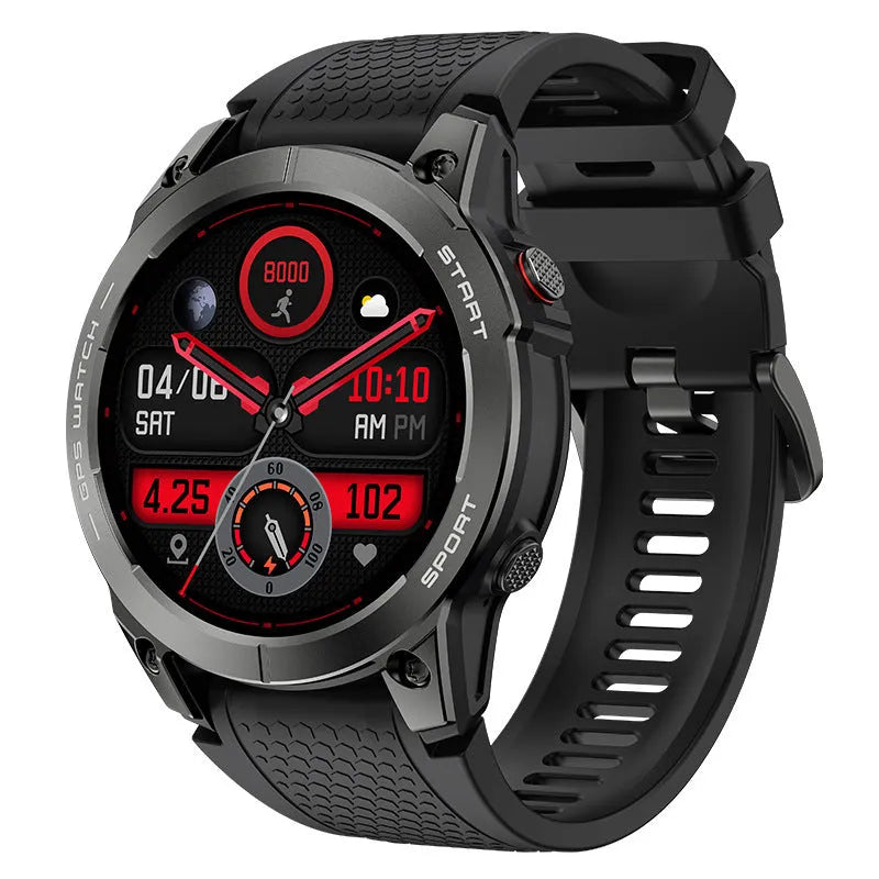 S53 outdoor GPS sports smart watch with black zinc alloy frame and silicone wristband showing 1.43-inch IPS display