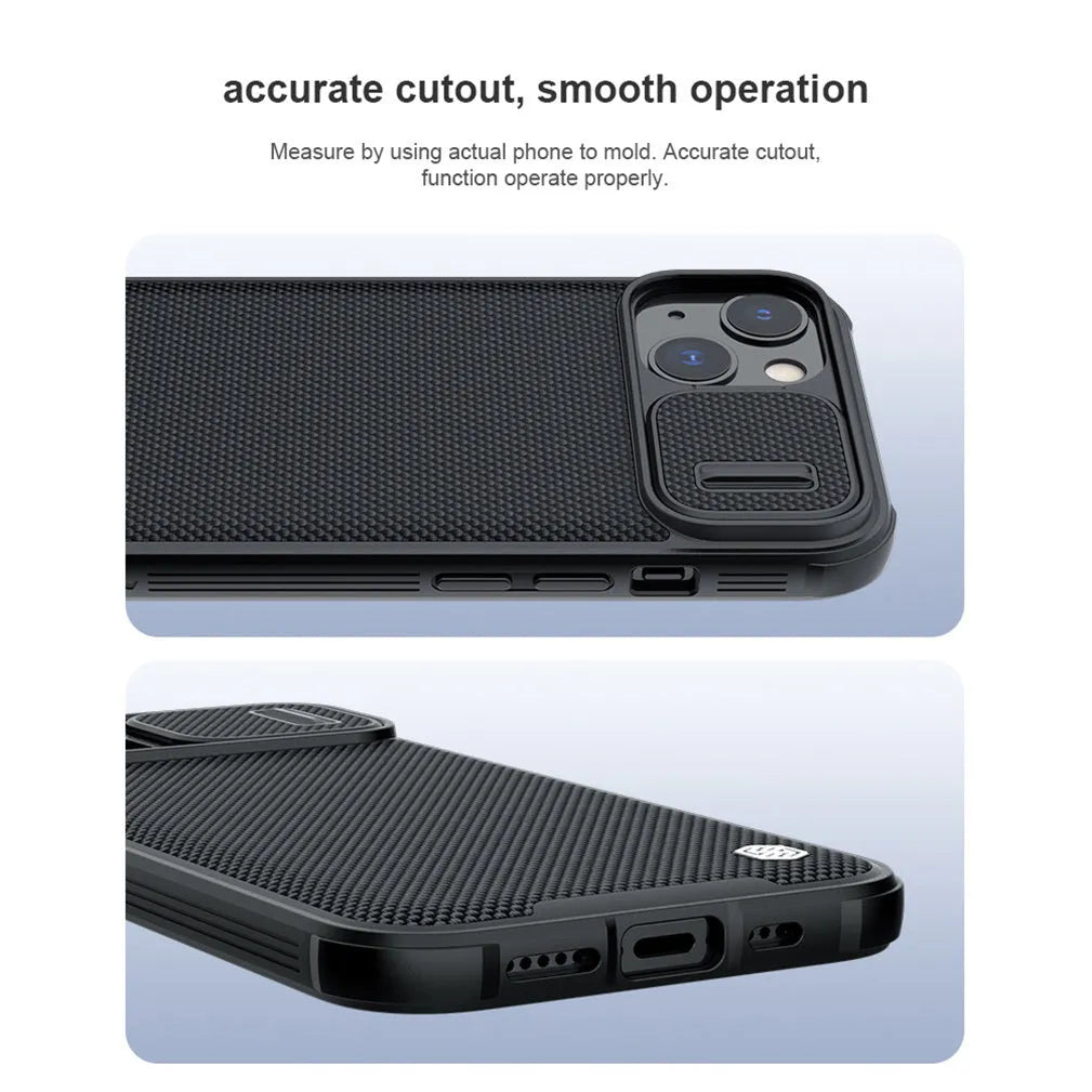 Black textured back cover protective phone case for Apple iPhone 13 Pro Max on a table.