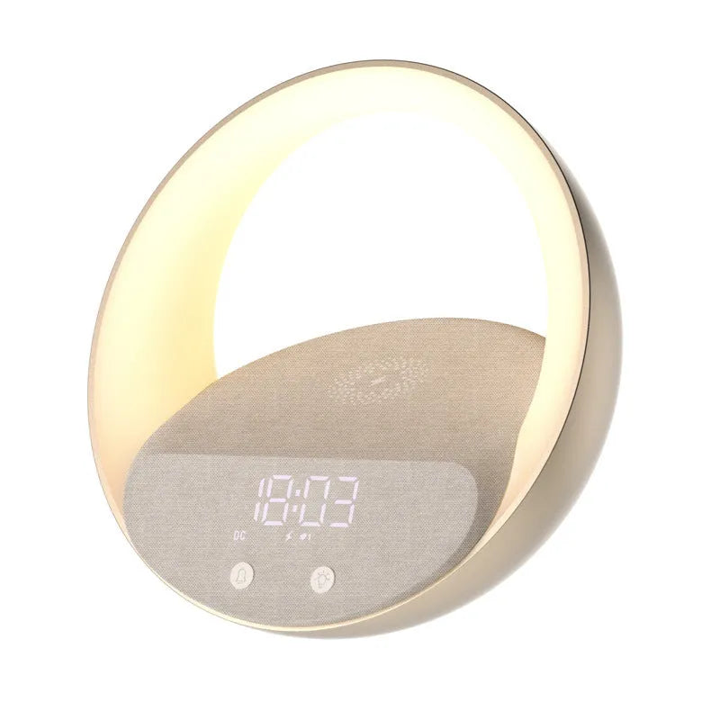 Beige multifunctional Bluetooth speaker with wireless charging pad, LED light, and digital clock display on wooden surface