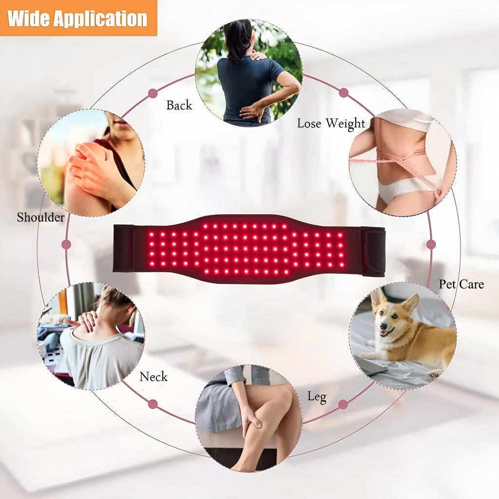 Black infrared red light therapy belt for waist pain relief with adjustable strap