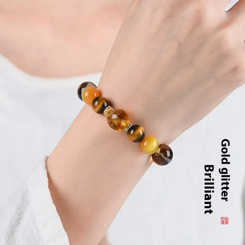 Natural yellow artificial crystal bracelet with 10mm tower beads on string for travel commemoration