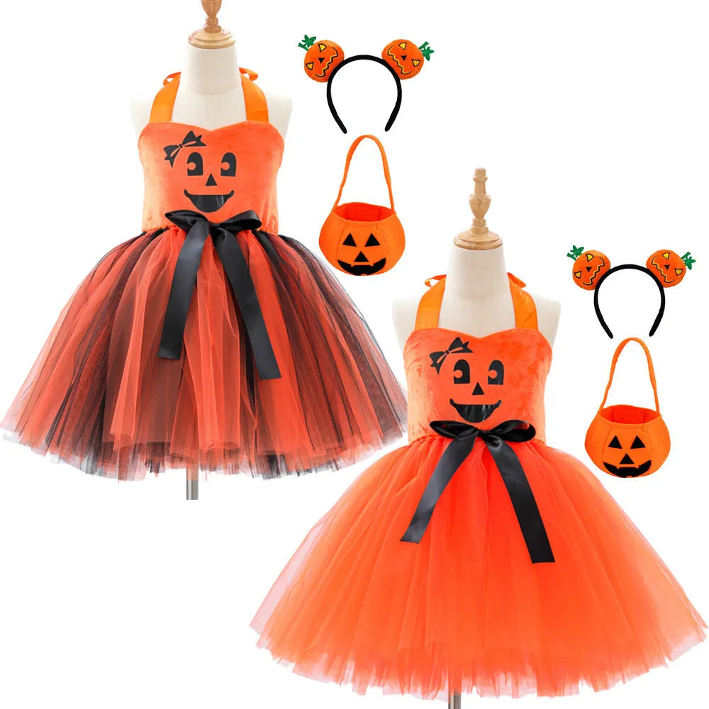 Girls Halloween pumpkin dress in orange yarn mesh, sling style, separate skirt or skirt suit, sizes XS to XXL