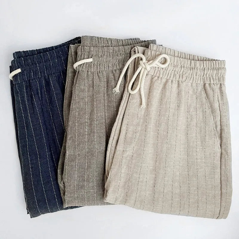 Men's lightweight linen casual trousers with stripe pattern and cropped leg length