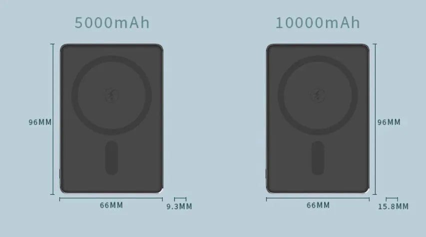 Magnetic power bank in aluminium alloy with wireless charging showing four colour options