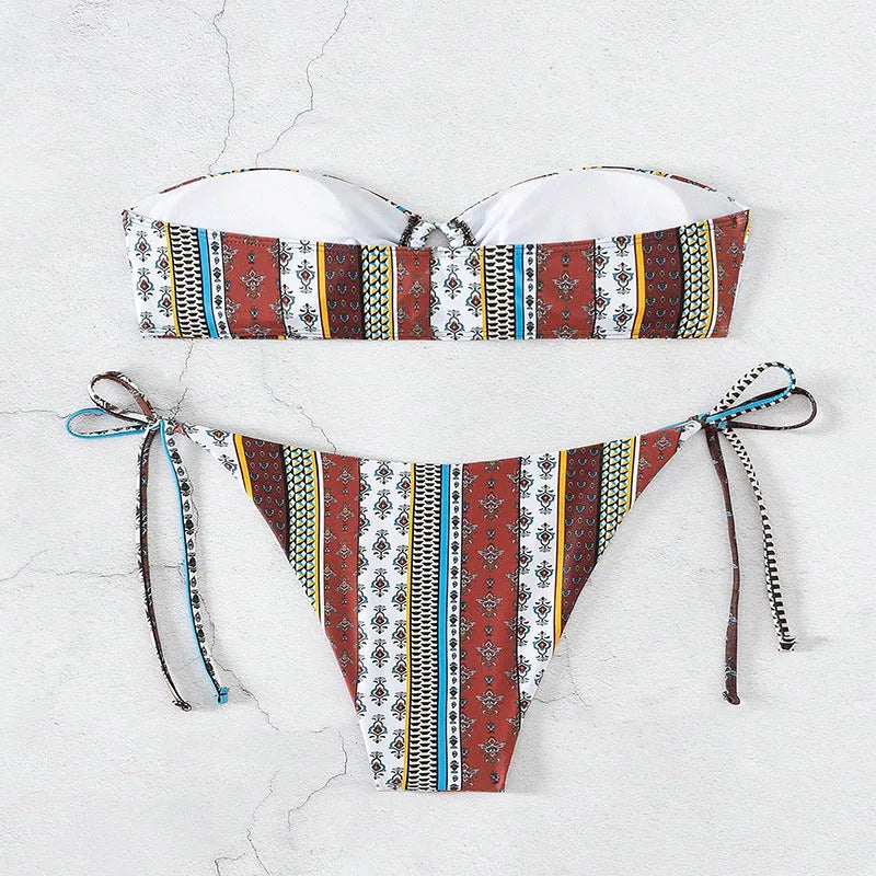 Women's printed lace-up front split leg swimsuit in mixed colours with bra and pants
