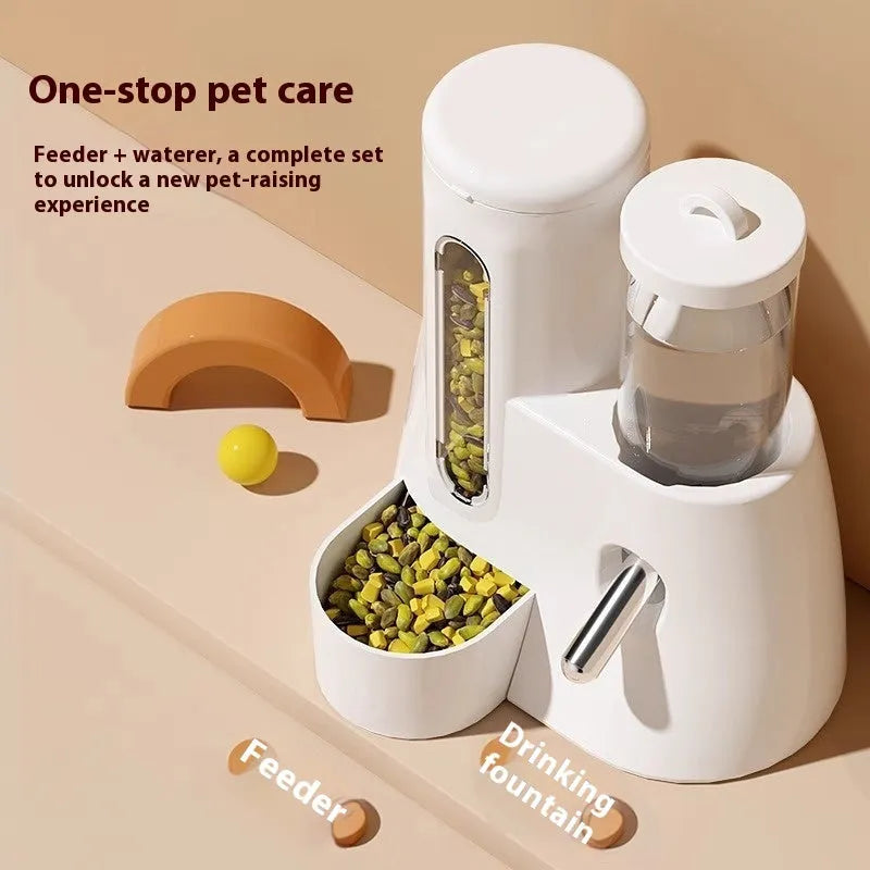 White hamster automatic drinking bottle feeder with integrated blue food bowl for small pet cage.