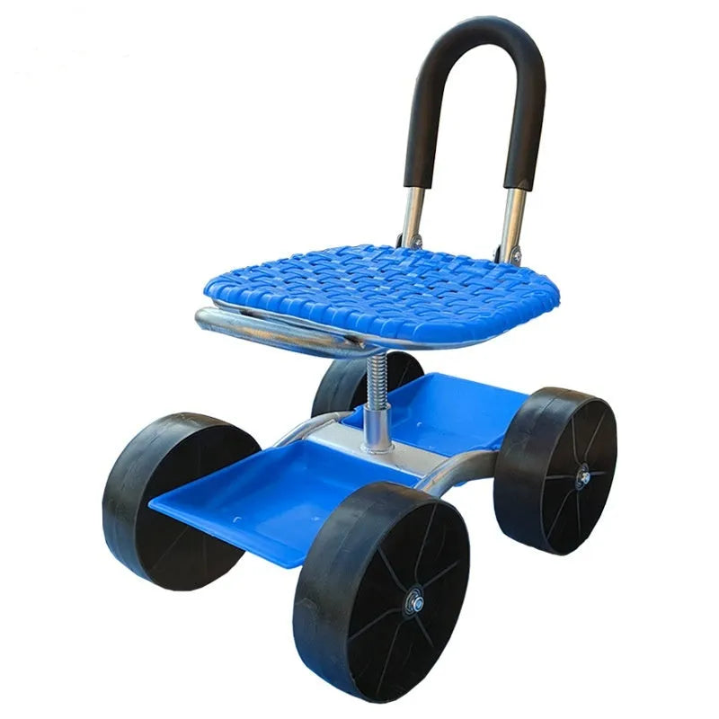 Garden mobile seat with wheels on a lawn, showing galvanized pipe frame and PP seat