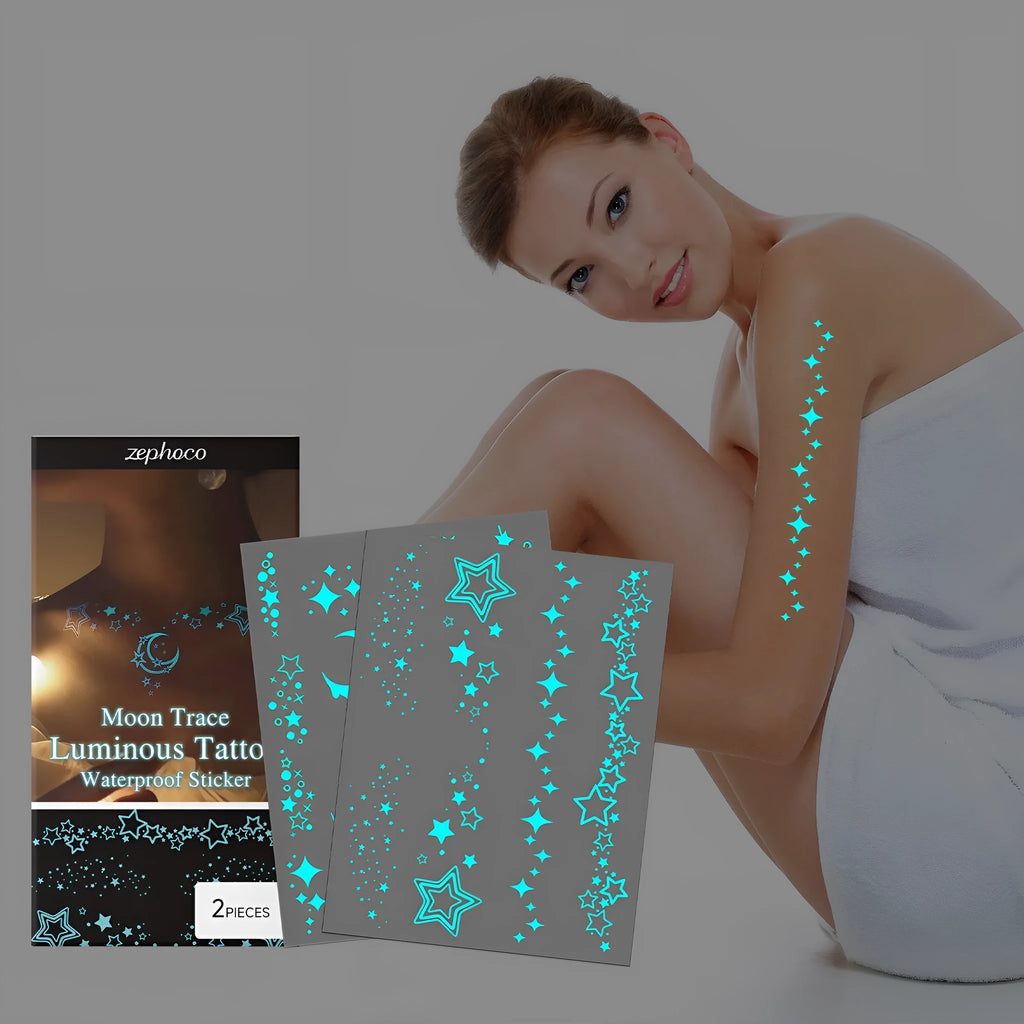 Two luminous glow-in-the-dark tattoo stickers with tattoo paste tube for party body art
