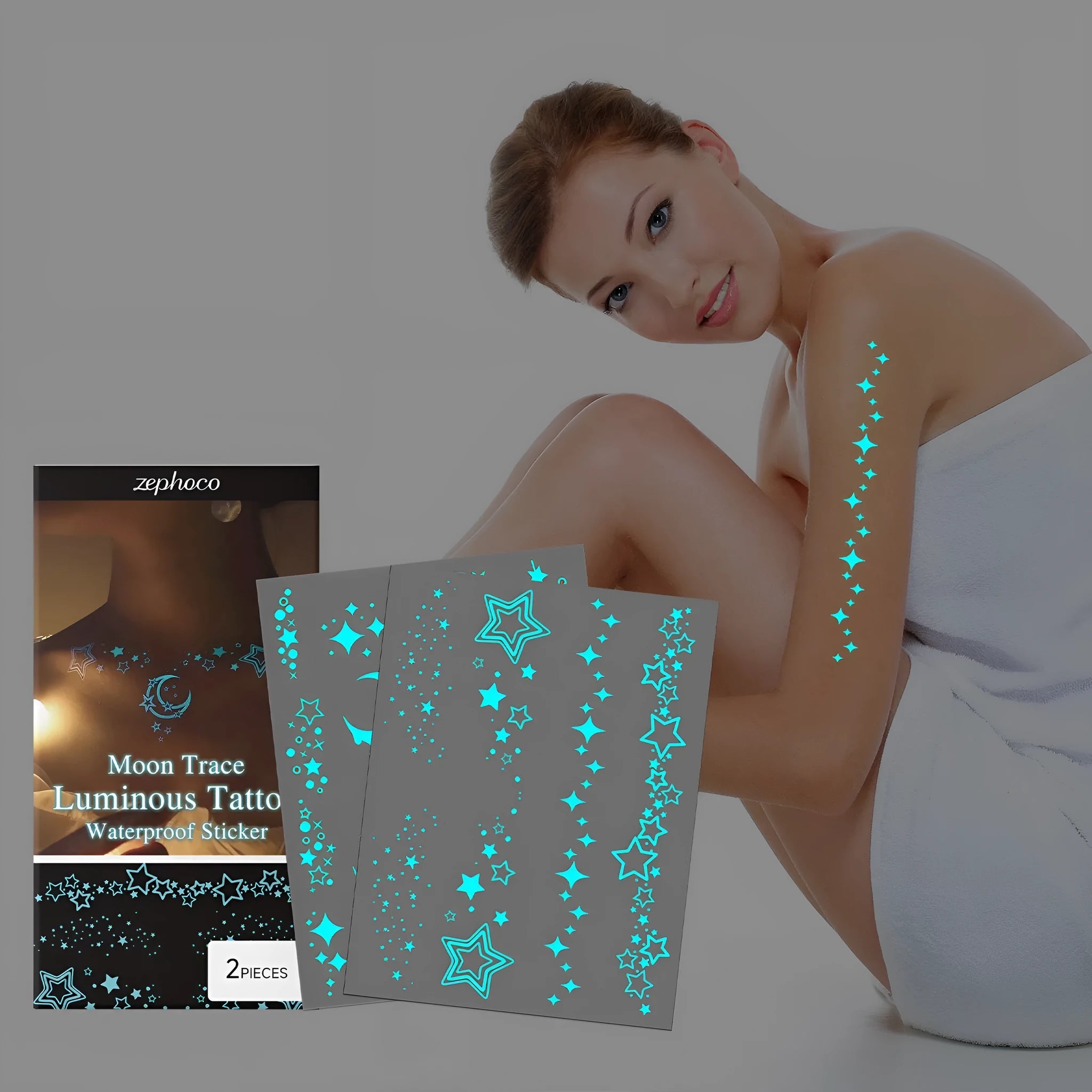 Two luminous glow-in-the-dark tattoo stickers with tattoo paste tube for party body art