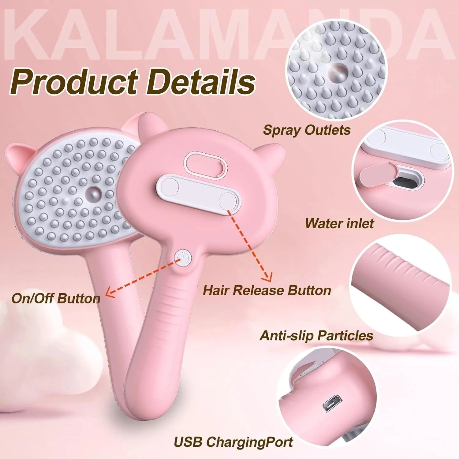 Cat ear-shaped steam brush with soft rubber bristles and release button for pet grooming
