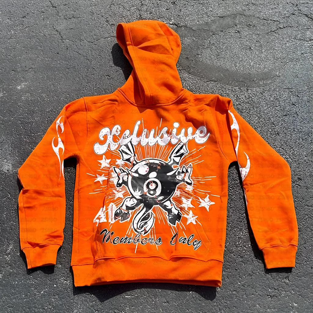 Orange loose pullover with personalised letter printing and a chest pocket, shown on a model.
