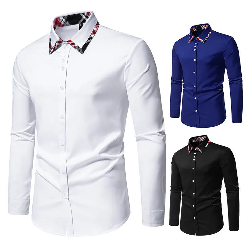 Men's plaid long sleeve shirt with triangle collar in black, blue, or white.