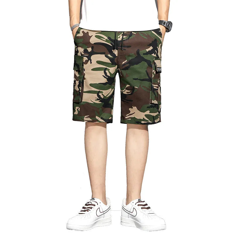 Men's camouflage five-point workwear shorts, mid waist drawstring, thin polyester, sizes M to 4XL