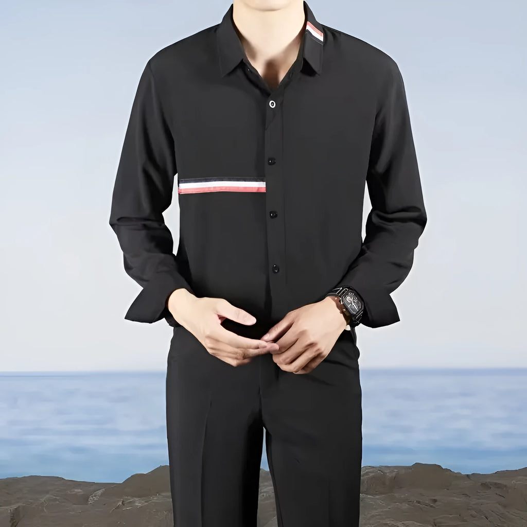 Hong Kong style men's loose casual shirt cardigan in cotton blend polyester fabric