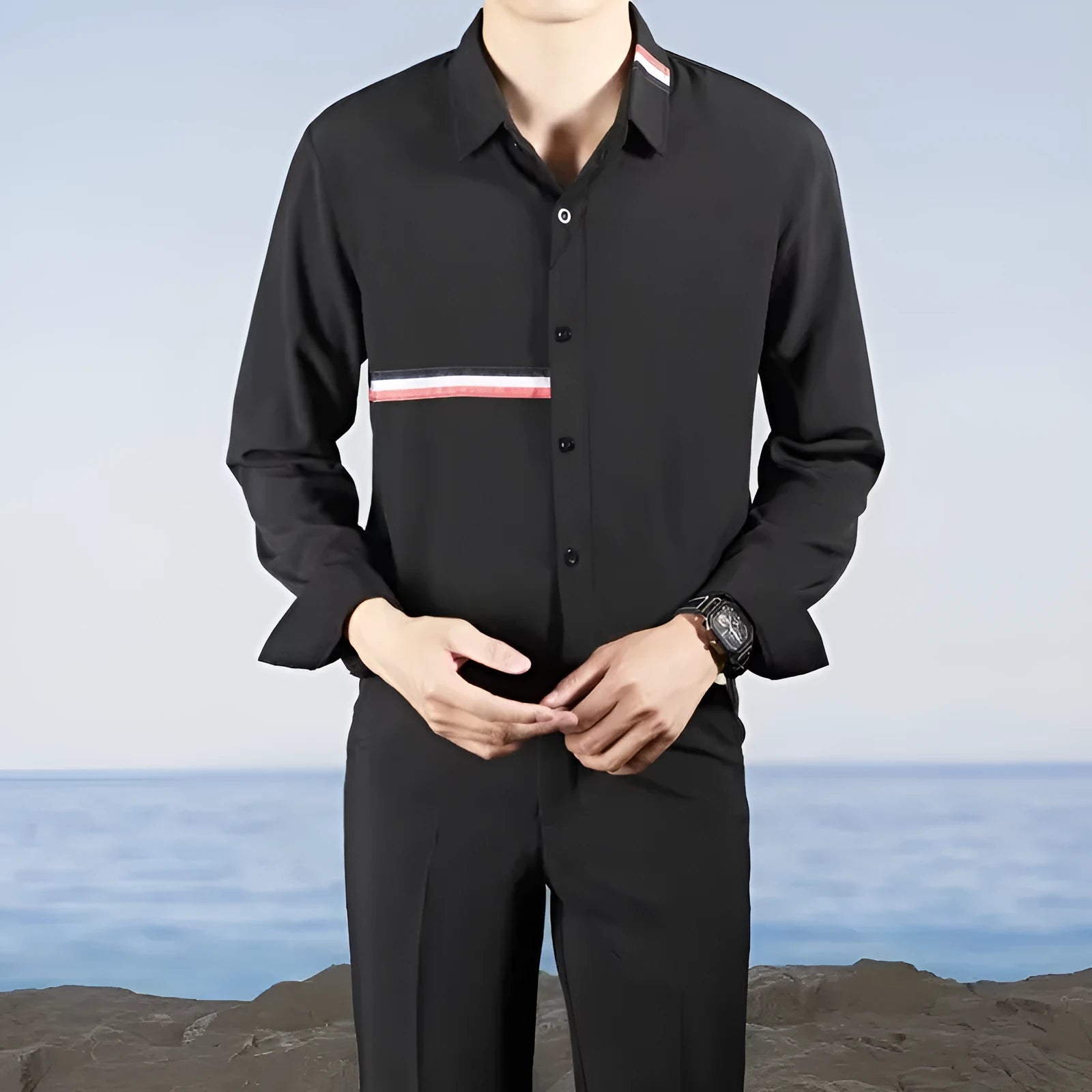 Hong Kong style men's loose casual shirt cardigan in cotton blend polyester fabric