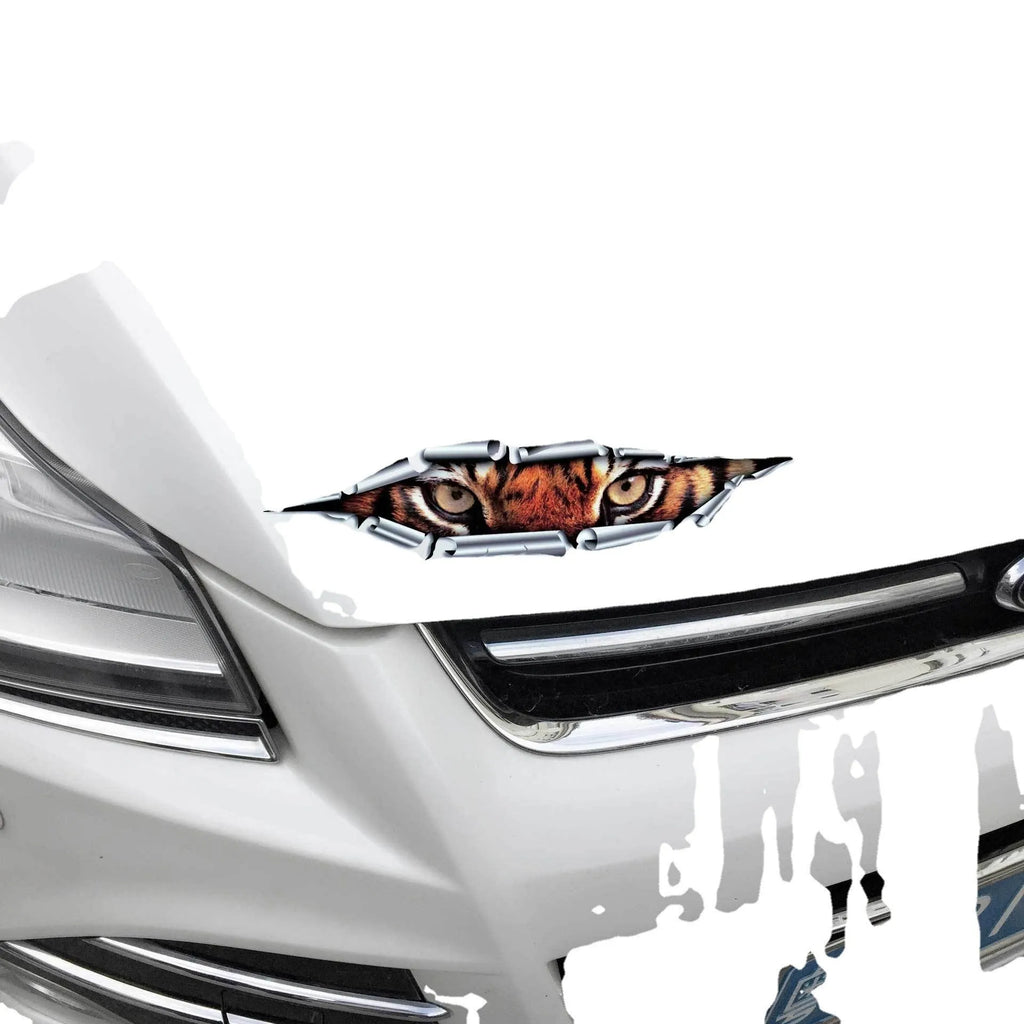 3D tiger eye and eagle eye car bumper sticker on vehicle door measuring 35cm by 10cm